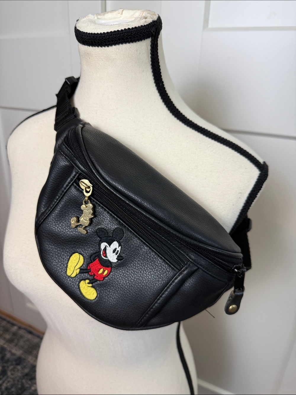 Vintage Disney Mickey Mouse embroidered black leather Fanny pack crossbody 90s